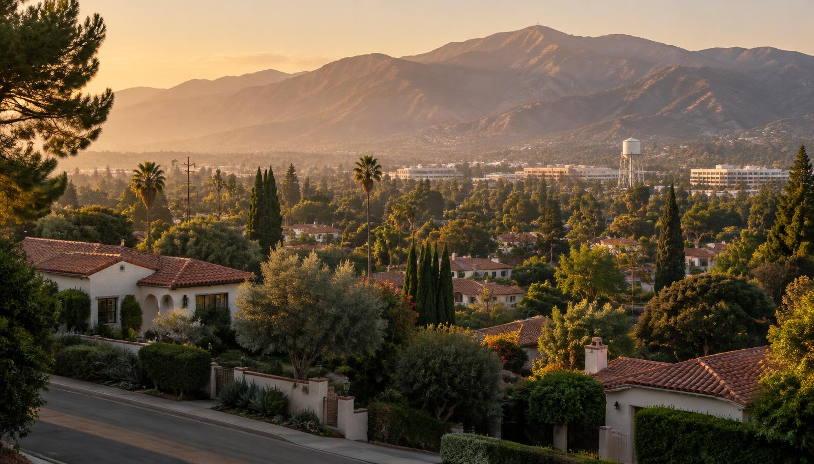 View from a Burbank hillside street across tile roofs and tree canopy toward the Verdugo Mountains
