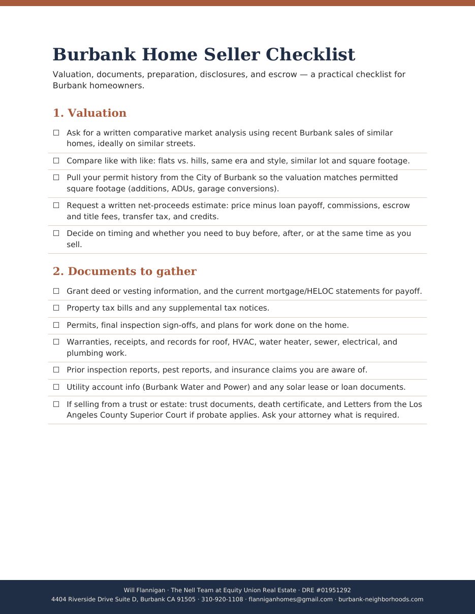 Page one of the Burbank home seller checklist: valuation and documents to gather